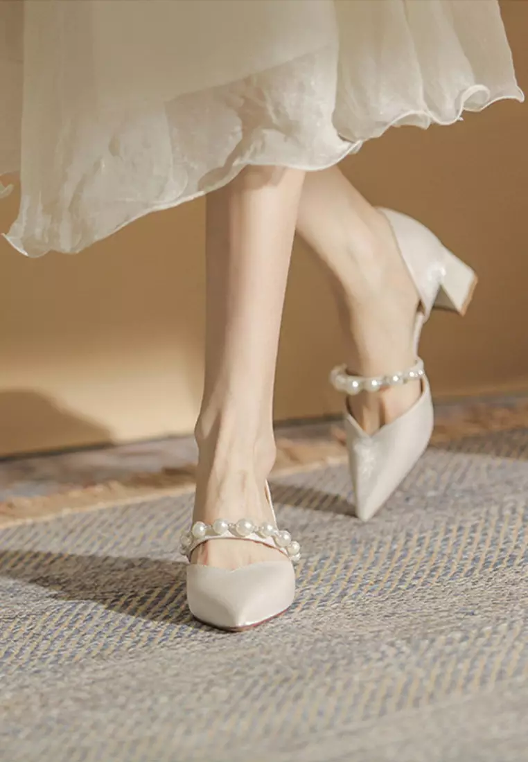 5CM Beaded Satin Mid Heels IF55805