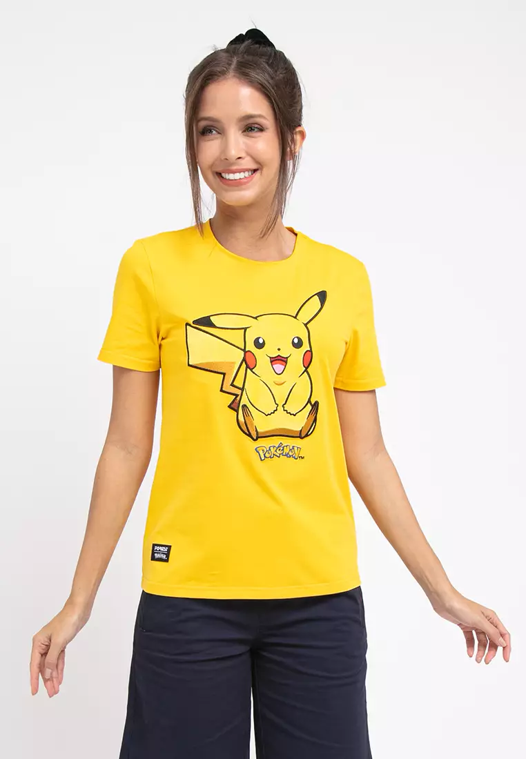 Forest X Pokemon Ladies Coral Fleece Textured Embroidered Pikachu Round Neck Tshirt Women - FP821000-65Yellow