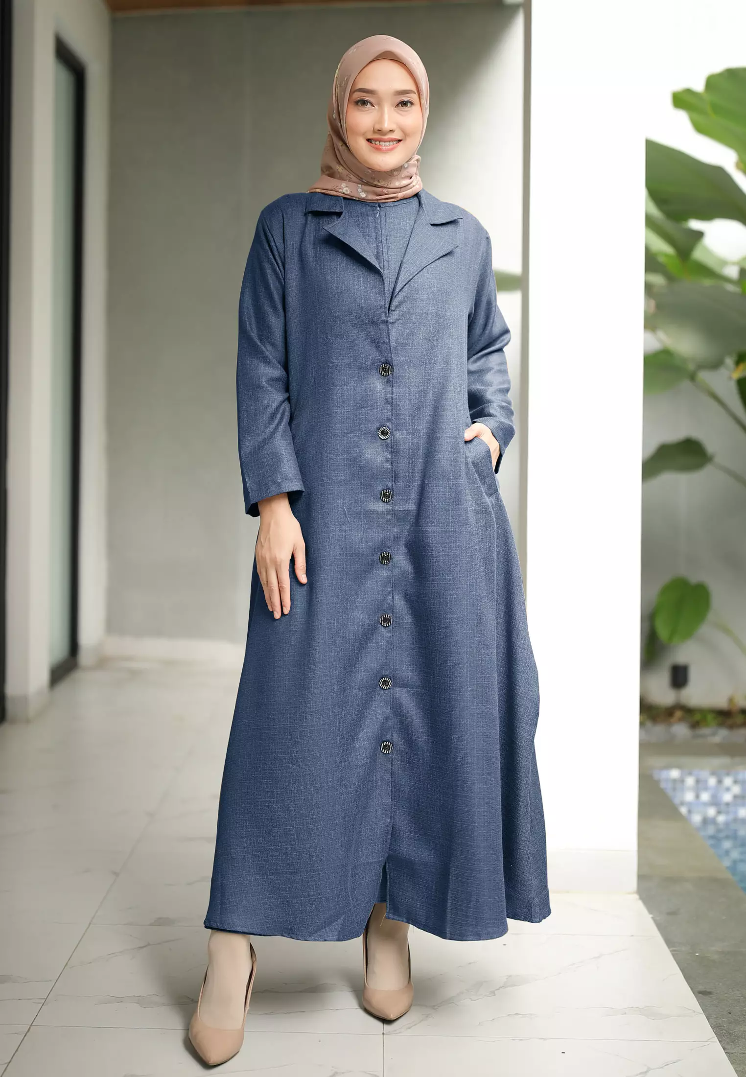 Rissa Coat Dress | Set Gamis Wanita Long Dress - Royal Navy