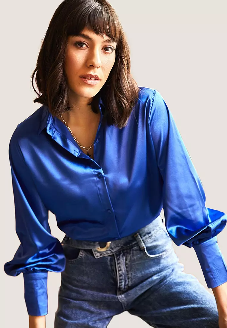 Cuff Detailed Woven Satin Shirt