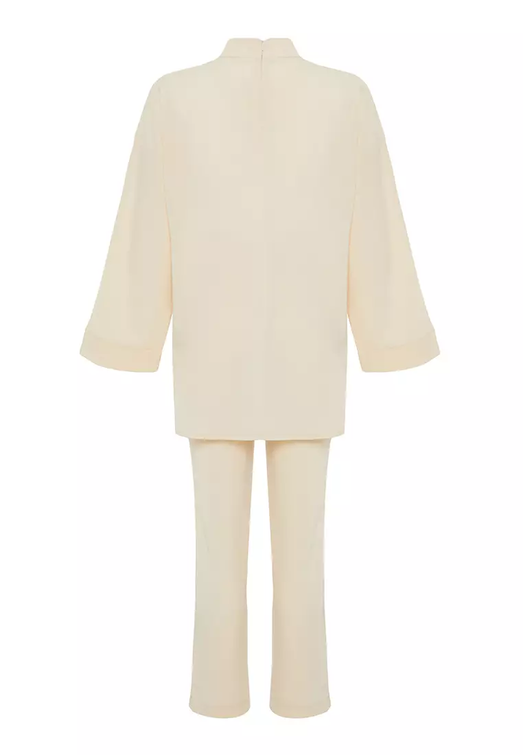 Modest Mock Neck Blouse With Elastic Pants Set