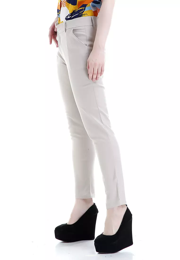 Tinsley Celana Chino Bawahan Wanita Kasual Motif Solid Long Pants Woman - Cream