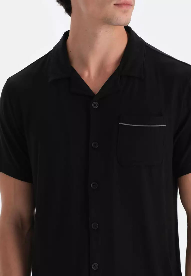 Black Shirt & Shorts, Shirt Collar, Regular Fit, Short Sleeve Sleepwear for Men