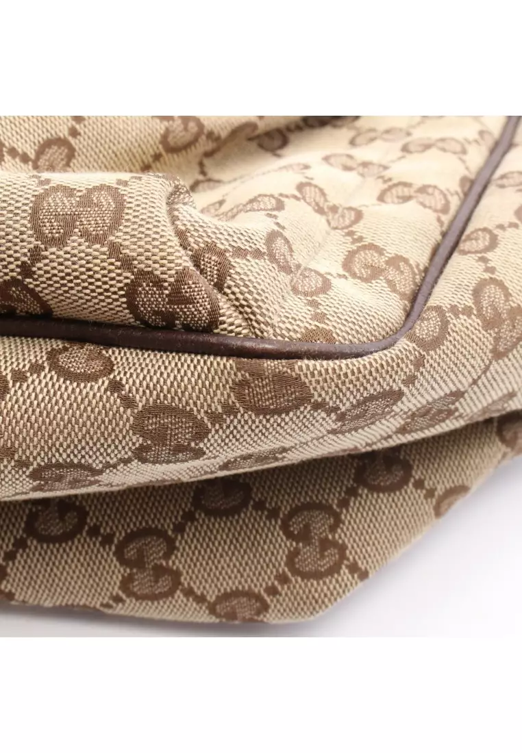 Pre-Loved Gucci sherry line GG canvas Handbag tote bag canvas leather beige Dark brown