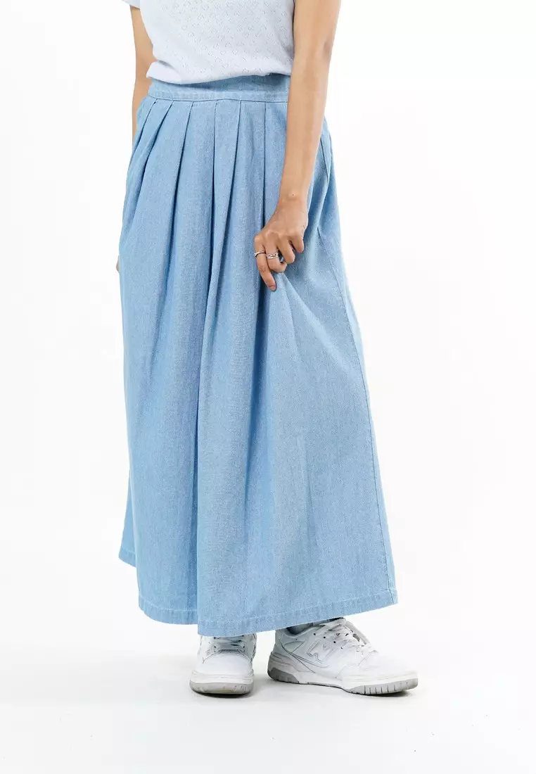 Greenlight Women's Midi Pleated A Line Skirt Cotton Denim Kay HP-C030126