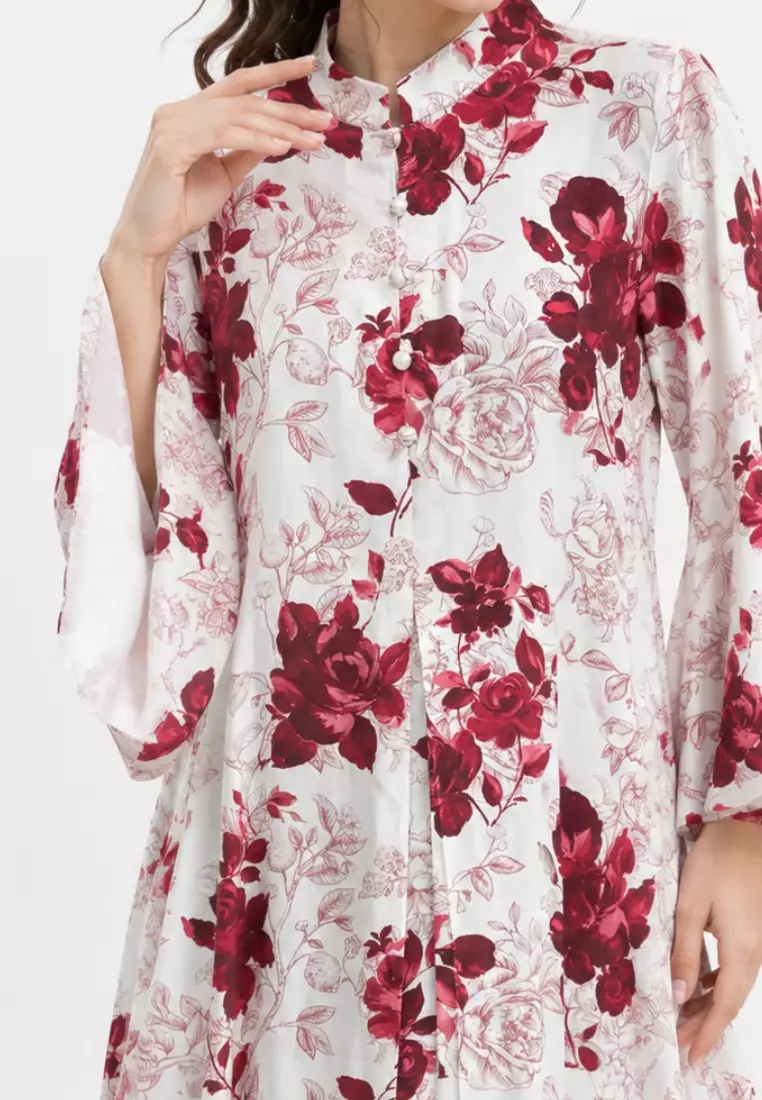 Tunik Wanita Rayon Putih Kerah Sanghai Kembang - Kembang Lengan Panjang Arlette By Brilliant Girl Warna Putih