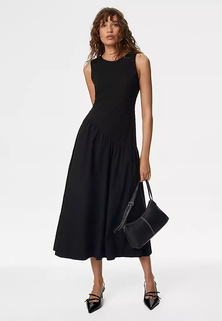 Cotton Blend Textured Midi Drop Waist Dress