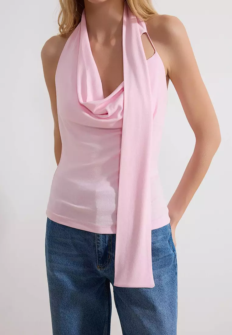 Pink Fitted/Degaje Collar Sleeveless Soft Knitted Blouse Twoss26Bz37