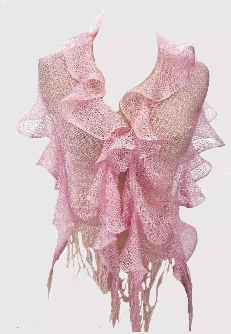 Crochet Frilled Scarf Metallic Pink