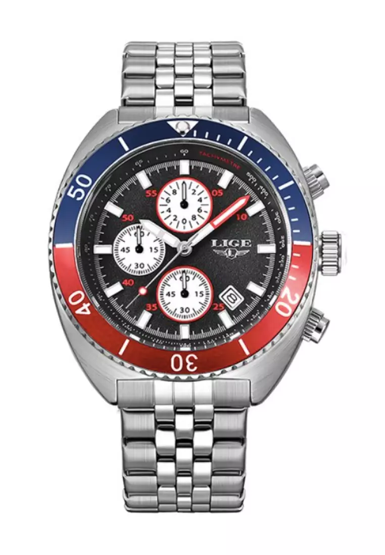 Unisex Chronograph Diver's Stainless Steel Quartz Watch with turning Bezel on Steel Bracelet