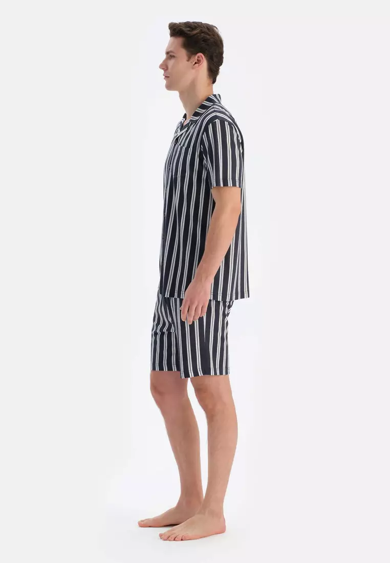 Multicolor Shirt & Shorts Knitwear Set, Striped, Shirt Collar, Regular, Short Leg, Short Sleeve Sleepwear for Men