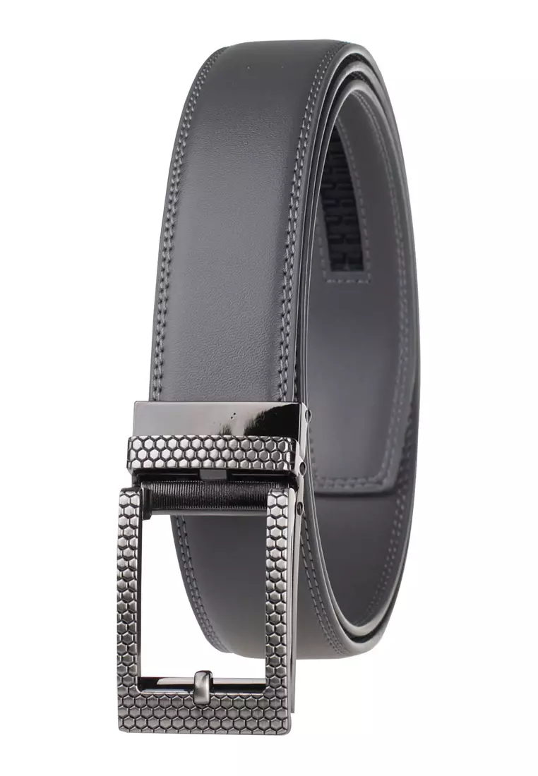 Men's Slide Buckle Automatic Belts Ratchet Genuine Leather Belt 35mm Width Grey
