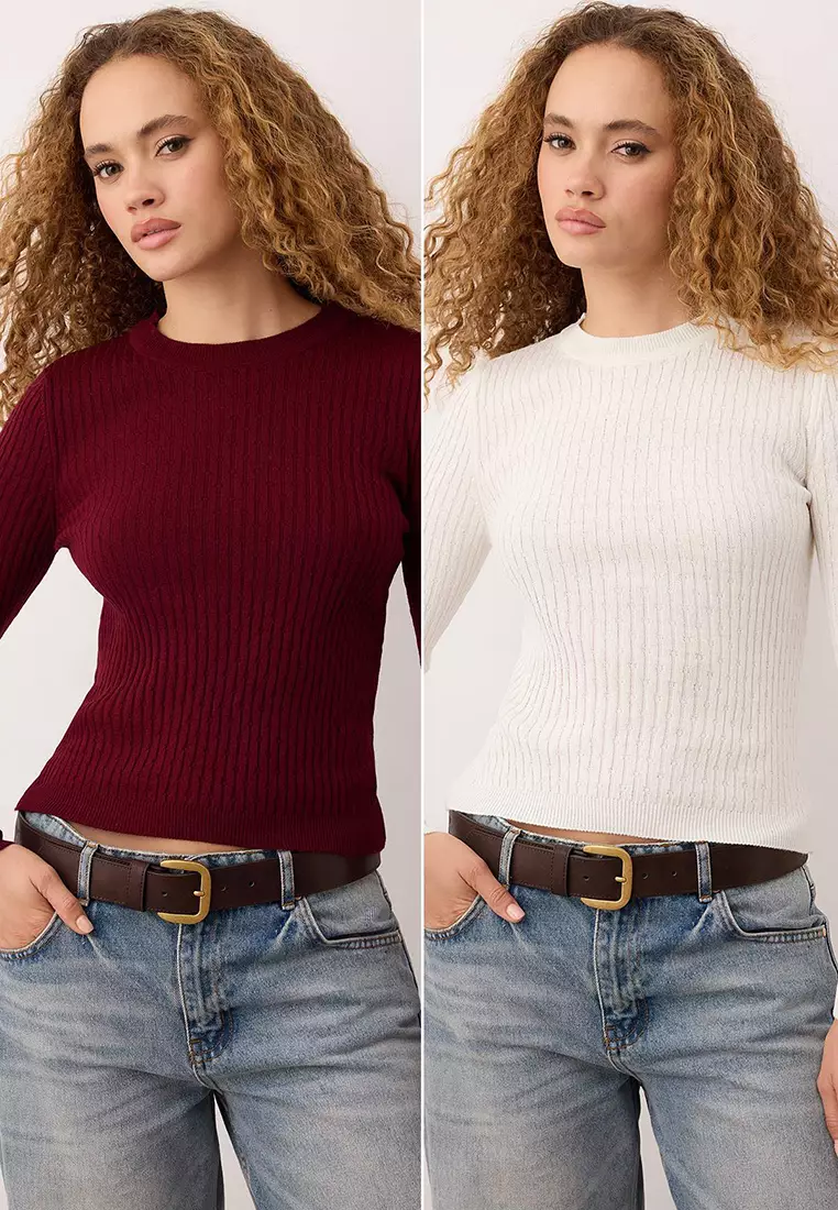 Ecru-Burgundy Crew Neck Hair Knit Double Knitwear Sweater