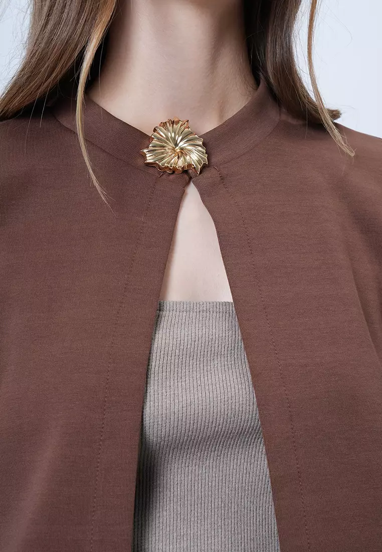 Gold Brooch Short Sleeve Knitted Jacket and Strapless Blouse Set