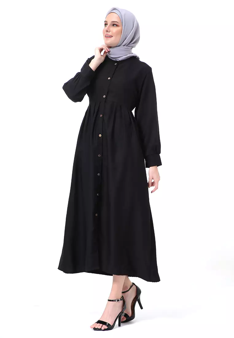 Kiyah Dress Button Muslimah Atasan Wanita Long Sleeve Premium Quality - Hitam