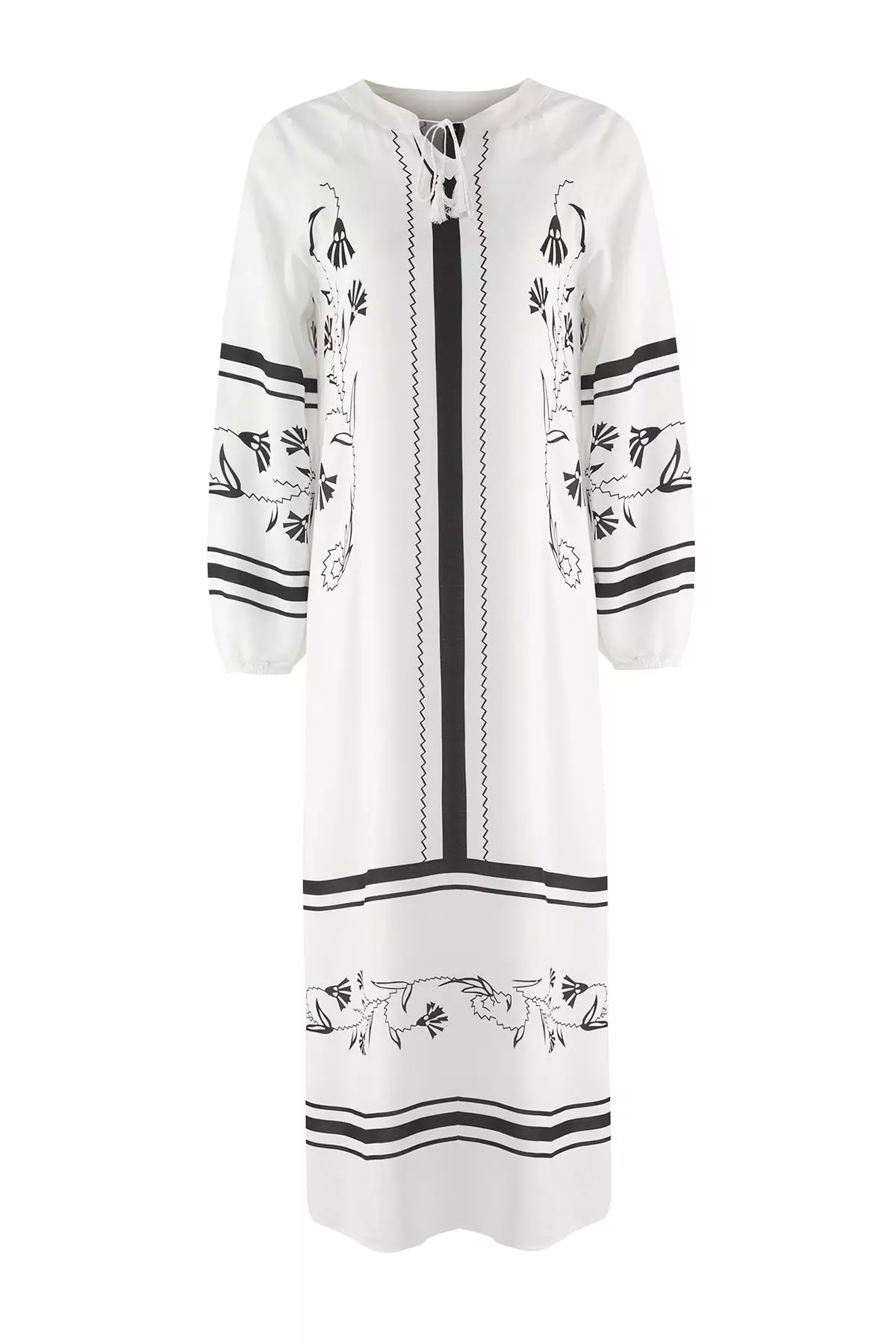 Ecru Floral Kaftan Tassel Detailed Woven Dress Tctss25Eb00102