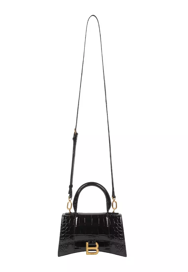 Hourglass Xs Crocodile Embossed Crossbody Bag in Black