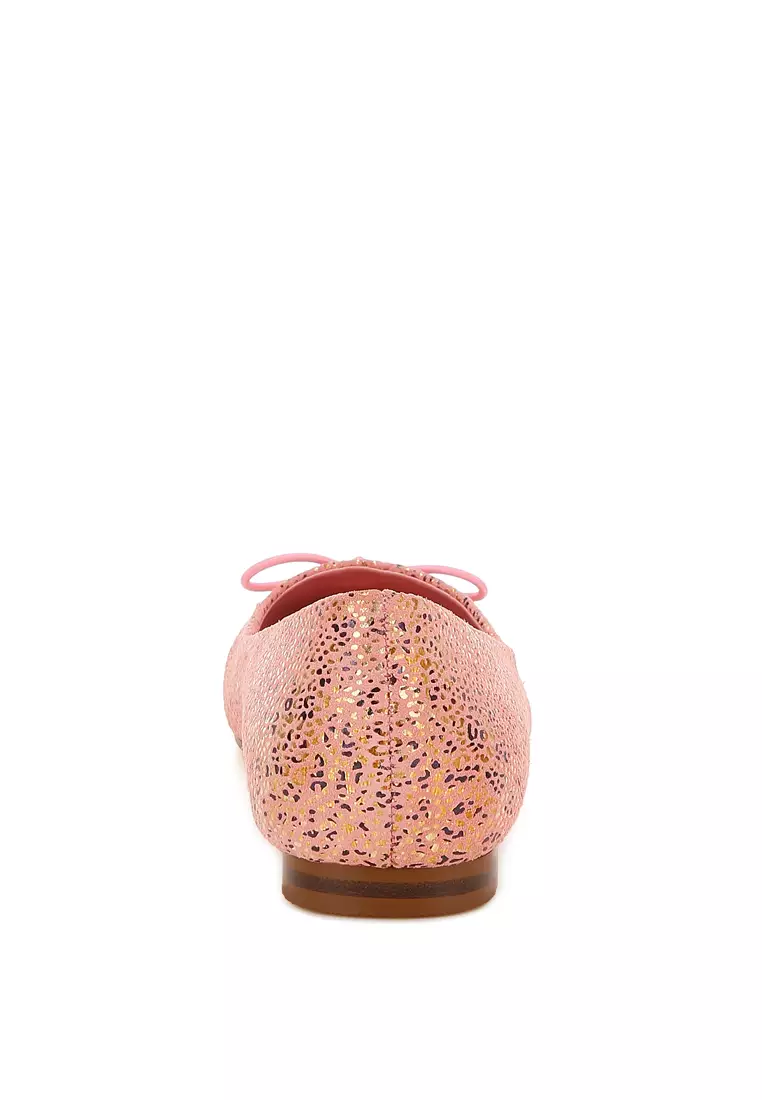 Bow Detail Embossed Suede Ballerinas Pink