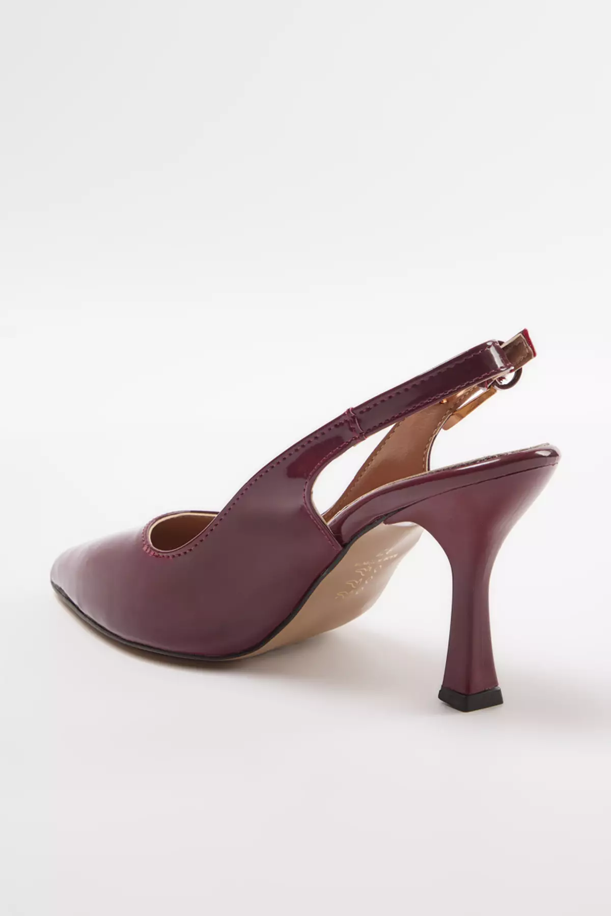 Pointed Toe Claret Red Thin Heeled Women's Shoes - Gold Buckle, Open Back