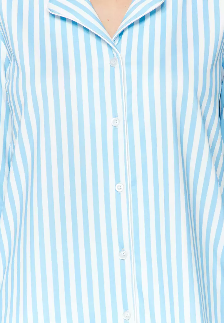Stripe Patterned Piping And Fleece Lined Shirt-Pants Knitted Pajama Set