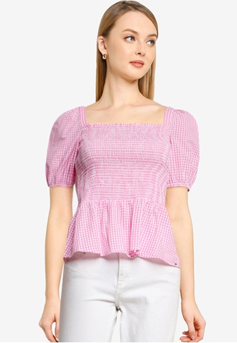 French Connection pink Artina Gingham Smocked Top 62CCBAA2E2A6DFGS_1