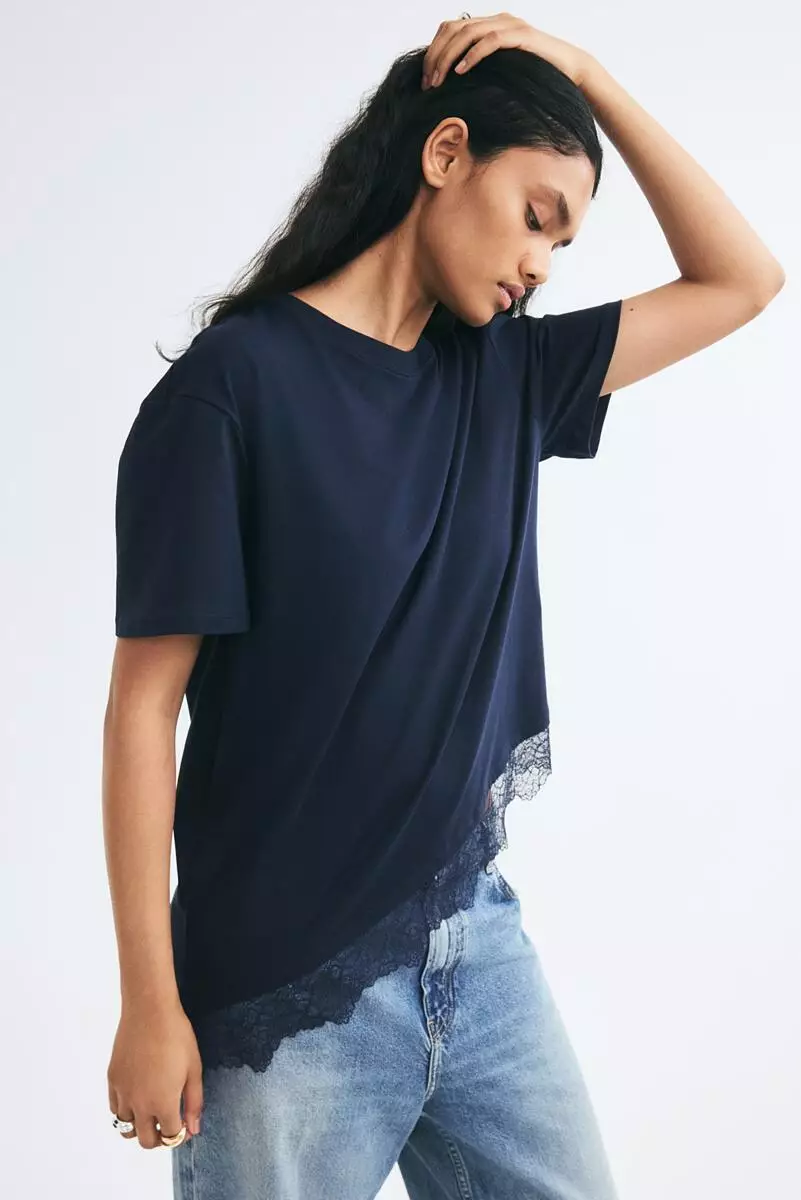 Asymmetric lace-trimmed T-shirt