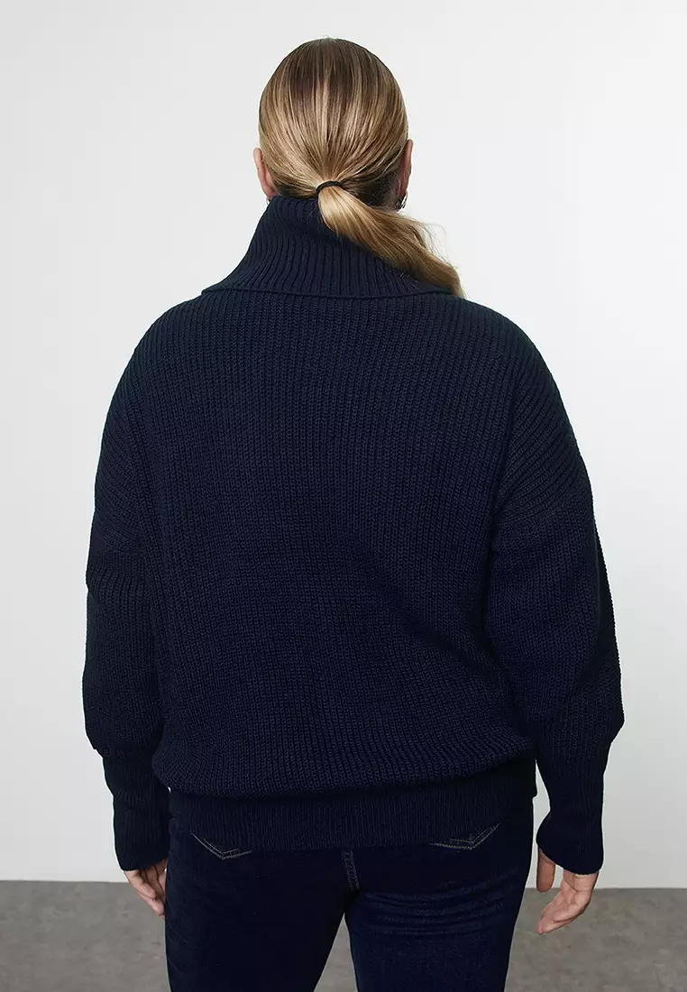 Navy Blue Turn-Down Collar Zippered Crop Knitwear Cardigan Tbbaw25Av00009
