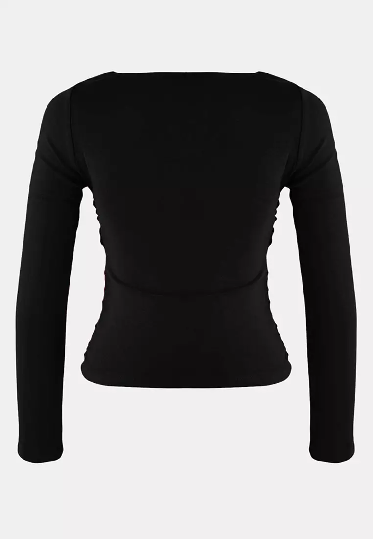 Black Fitted/Fits The Body Gathered V-Neck Long Sleeve Flexible Knitted Blouse
