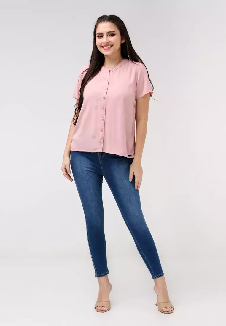 Woven Plain Rayon Short Sleeves Blouse