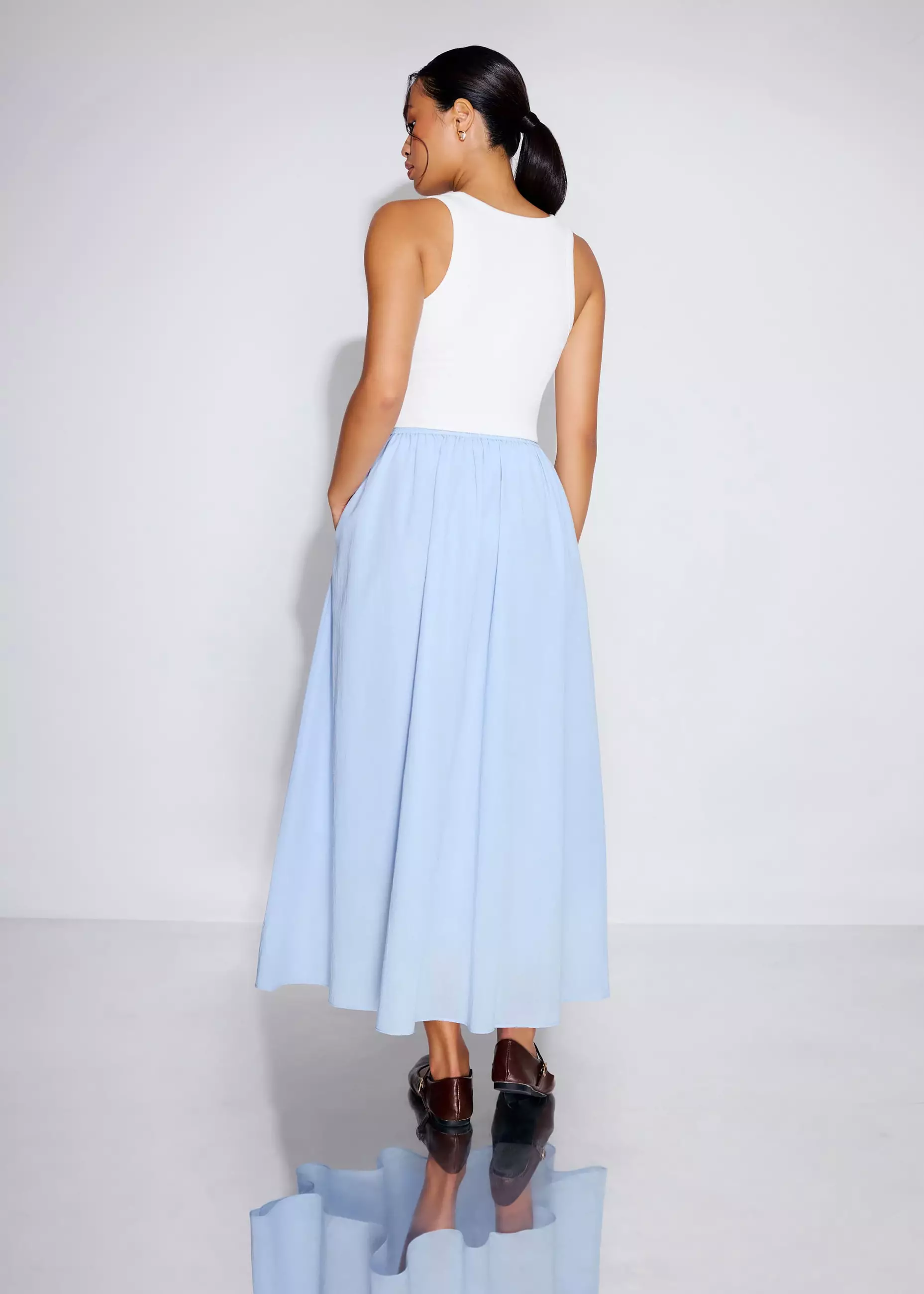 Rok Wanita - Elastic Cotton High Waist Flare Maxi Skirt