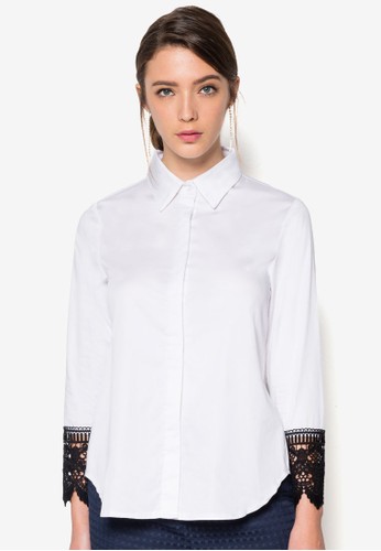 zalora 衣服尺寸Premium 蕾絲袖口長袖襯衫, 服飾, 上衣
