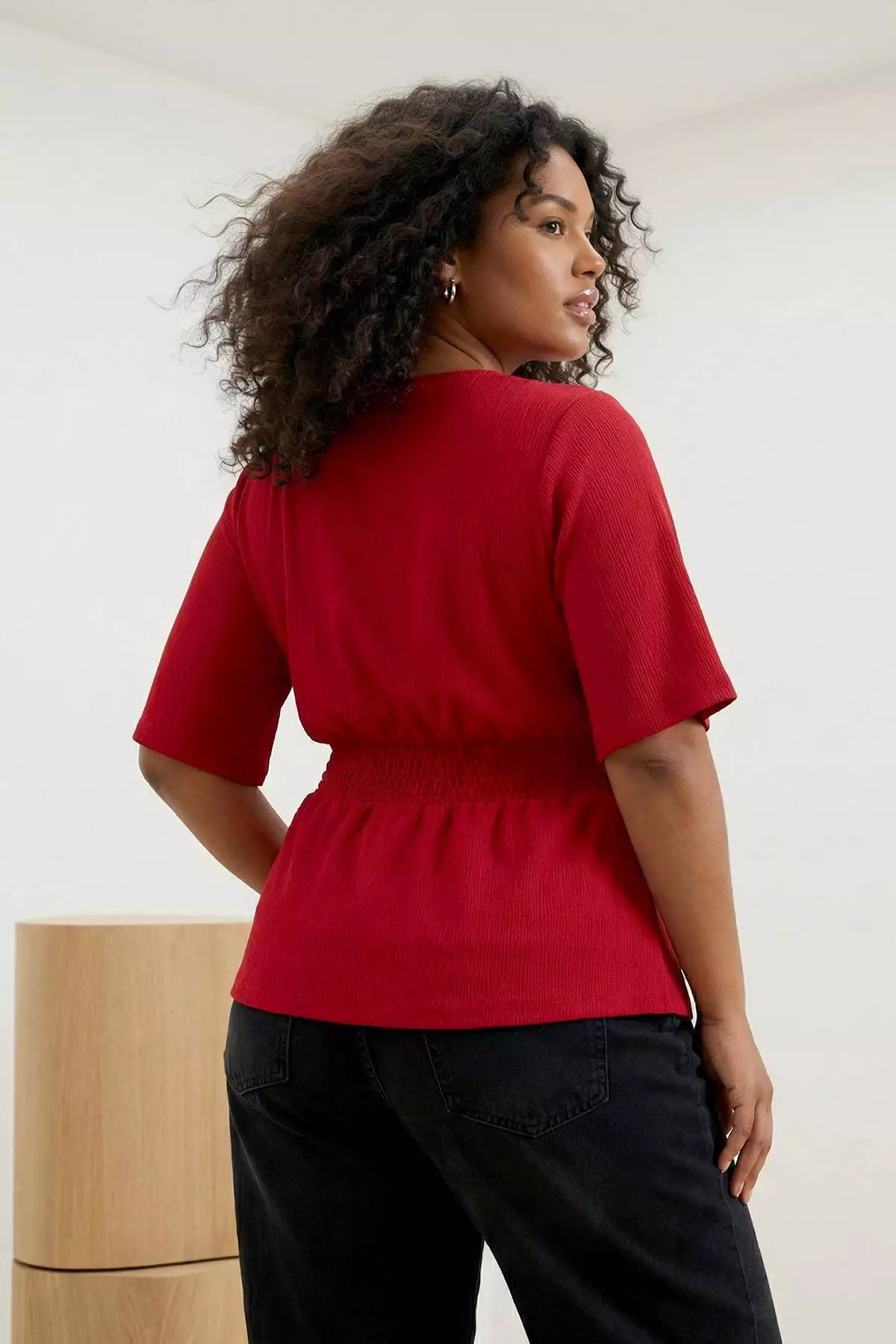 Red Double-Breasted Collar Gipe Detailed Knitted Large Size Blouse Tbbss25Af00083