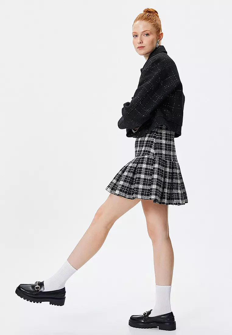 Tweed Pleated Mini Skirt Slim Fit