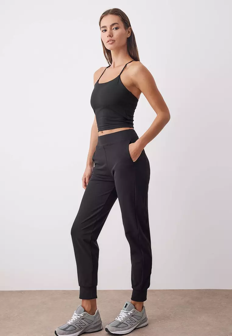 Black Brushed Soft Fabric Pocketed Sports Knitted Sweatpants