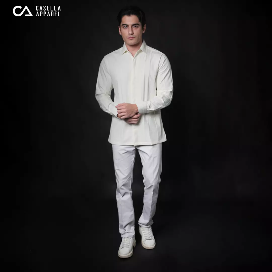 Casella Kemeja Pria Lengan Panjang Strech Naviel Stripe Design 7764 Off White