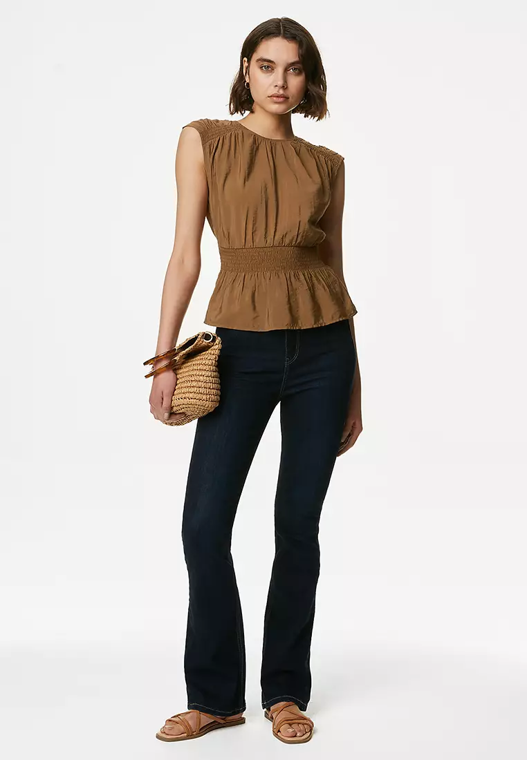 Crew Neck Smocked Shirred Detail Blouse