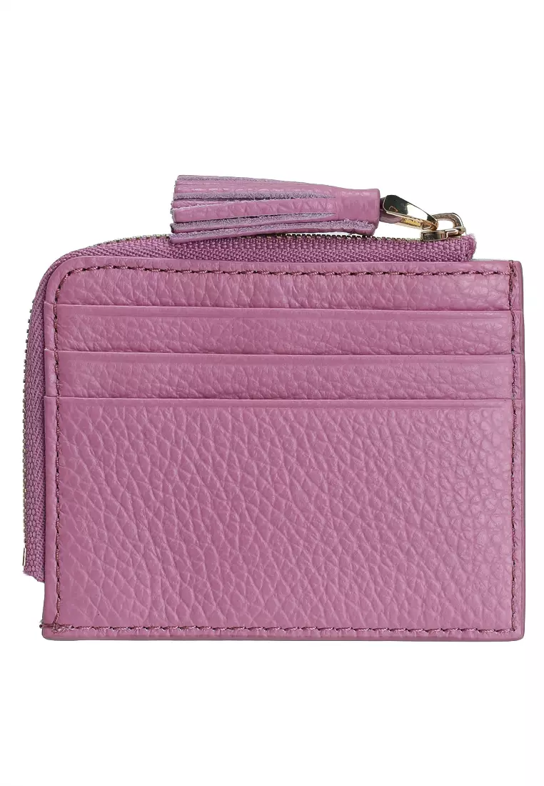 Portacarte Di Credito Coccinelle Con Nappina - Tassel Credit Card Holder New Fucsia, 6 Scomparti + Zip, Pelle Vero, Regalo Elegante