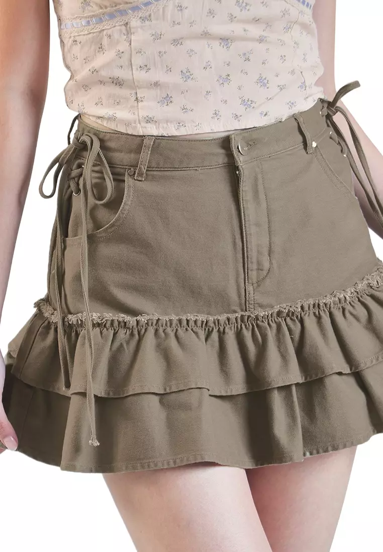 Mid Waist Tiered Frilly Mini Skort with Lace Up Sides