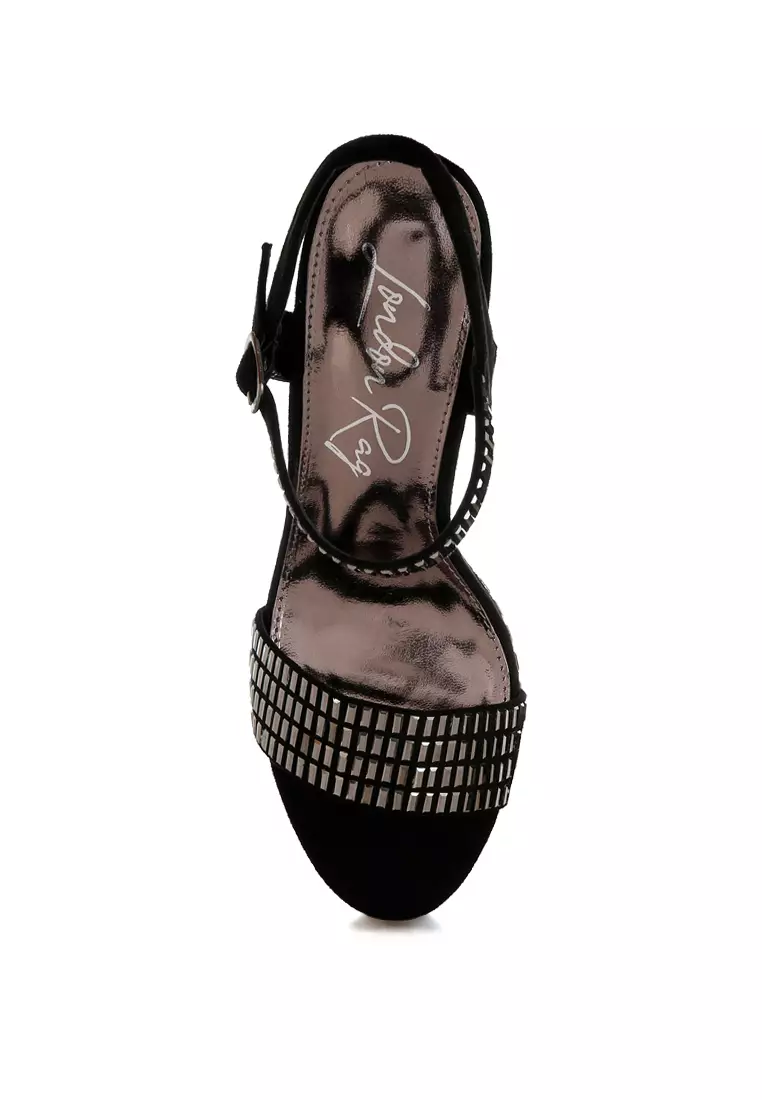 Sepatu hak bertali pergelangan kaki berhiaskan berlian imitasi warna hitam