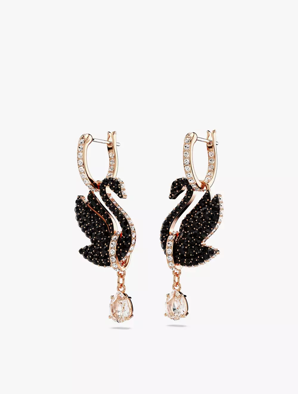 Swarovski Swan Drop Earrings, Swan, Black, Rose Gold-Tone Plated - Black