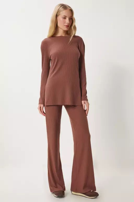 Comfortable Ribbed Knitted Blouse Trousers Set