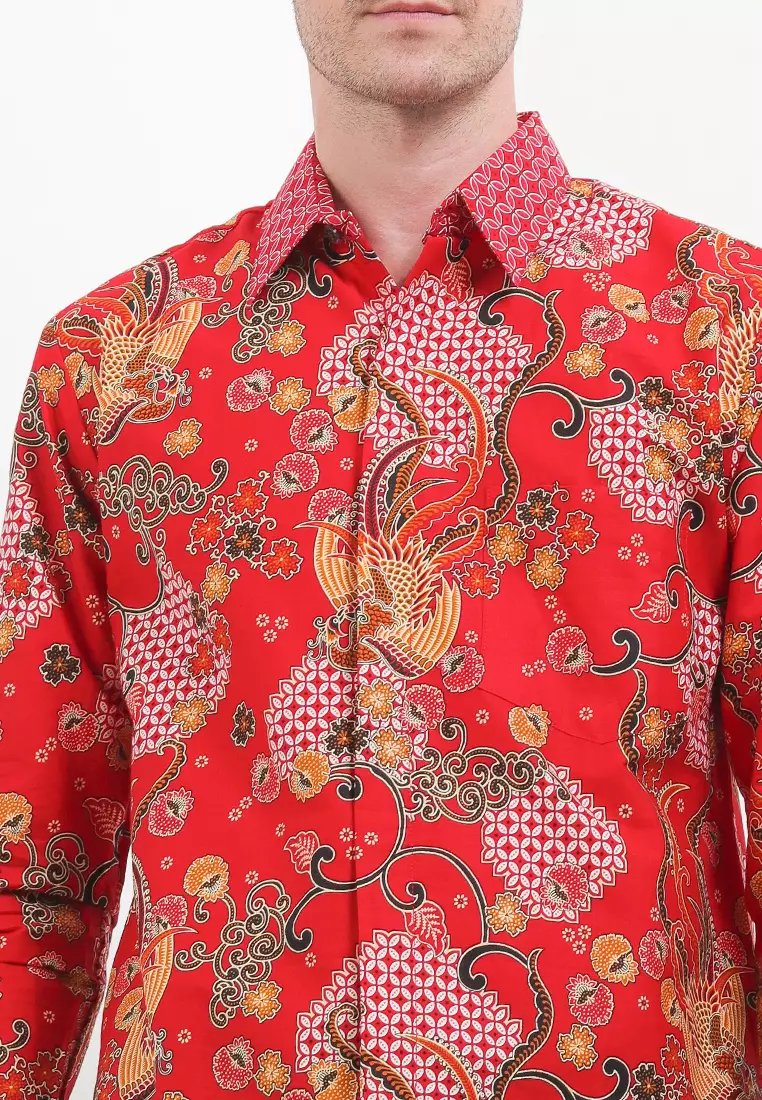 Kemeja Pria Lengan Panjang Batik Luciano Imlek Cheongsam Merah Red