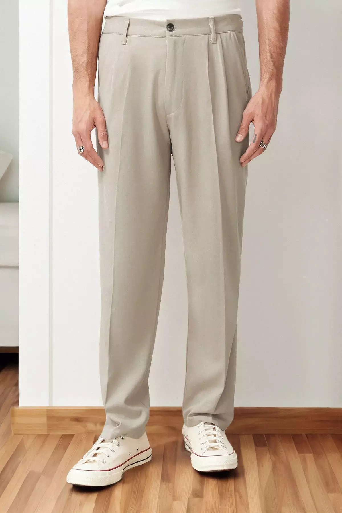 Stone Pleated Classic Baggy Fit Fabric Pants Tmnss24Pl00024