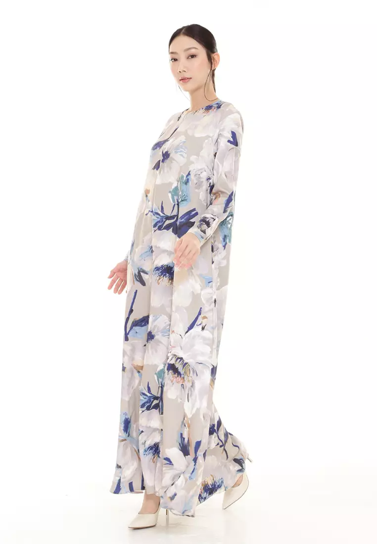 Felicia Printed Dress in Grey Blue