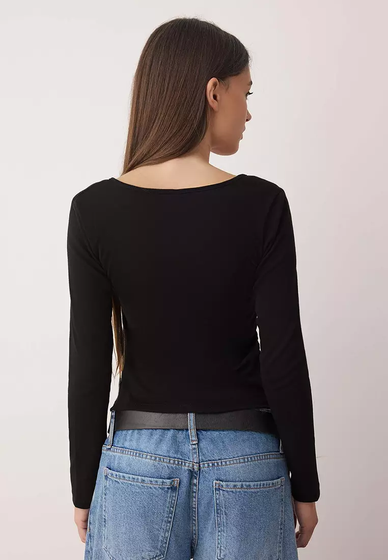 Black Fitted/Fits The Body Double Look Half Zippered Double Layered Knitted Blouse