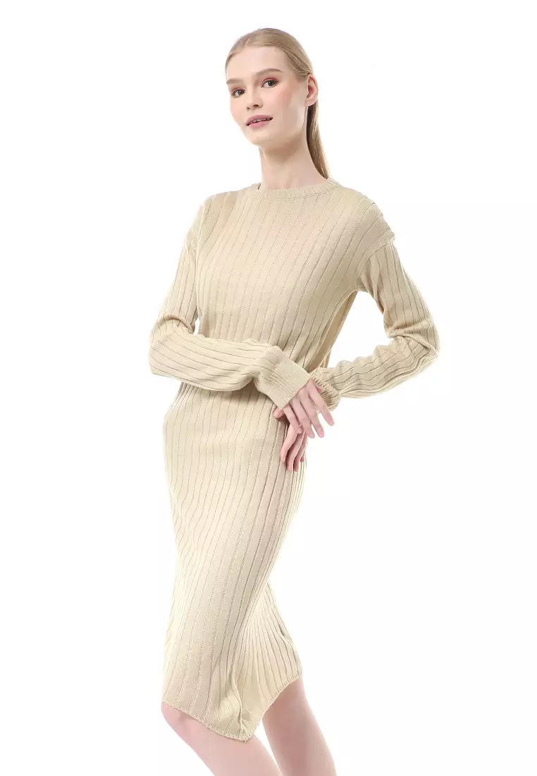 Adela Dress Rajut Tunik Wanita Motif Polos Long Sleeve Relaxed Fit - Cream