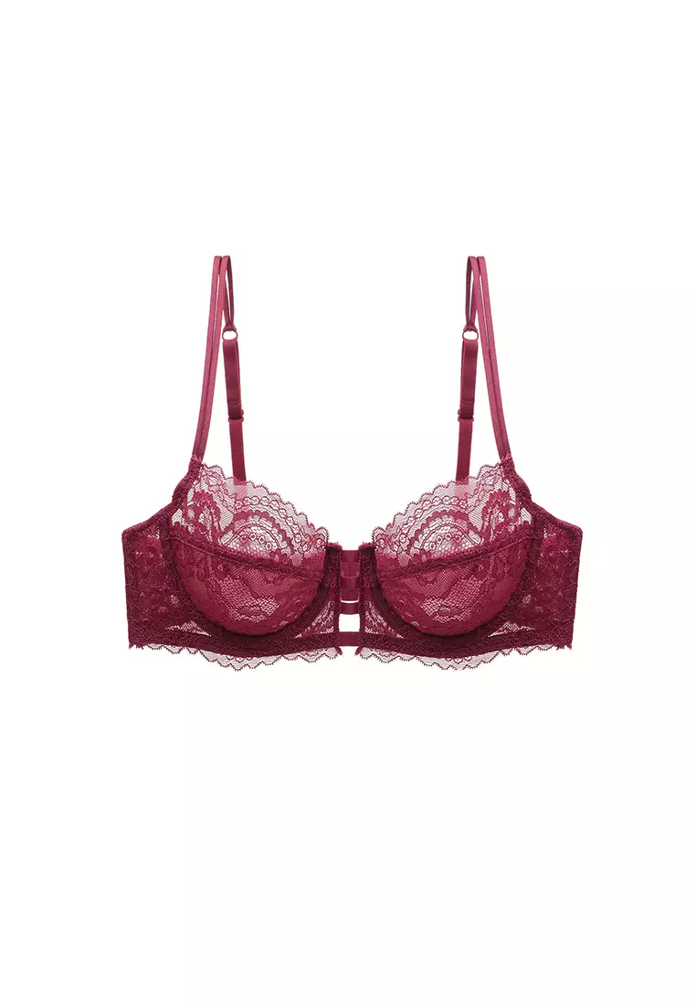 Women's Sexy See-through Steel Ring Ultra-thin Cup Lace Lingerie Set (Bra  and Underwear) - Wine Red
