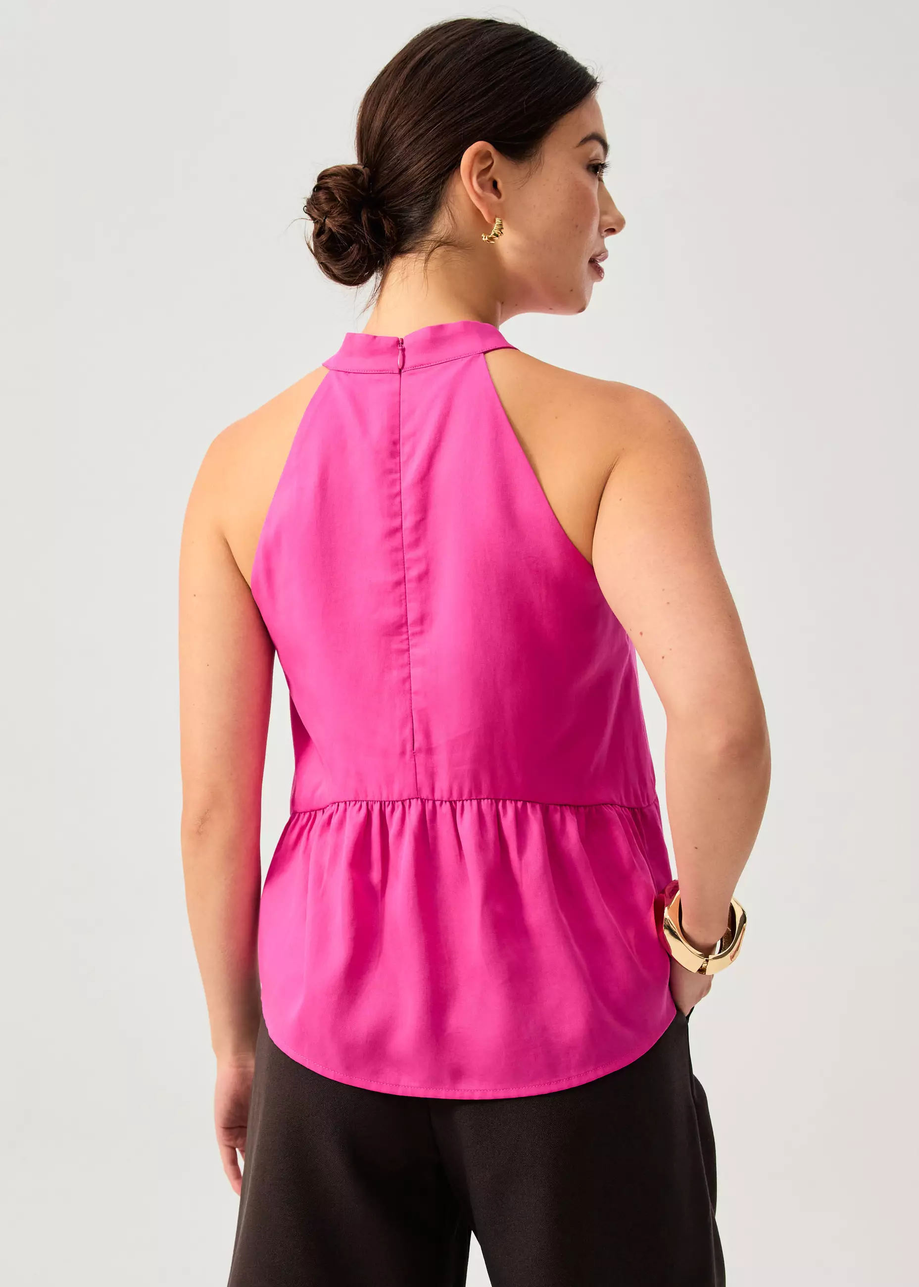 Atasan Wanita - Lyocell Pleated Front Tie Mandarin Collar Peplum Shell Top