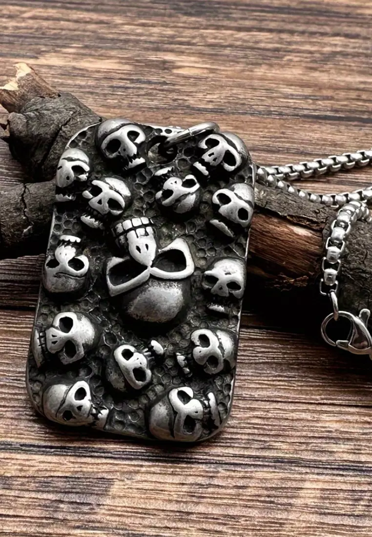 Aksesoris Pria Skull Heads Padded Tag Stainless Steel Necklace Kalung Pria Silver