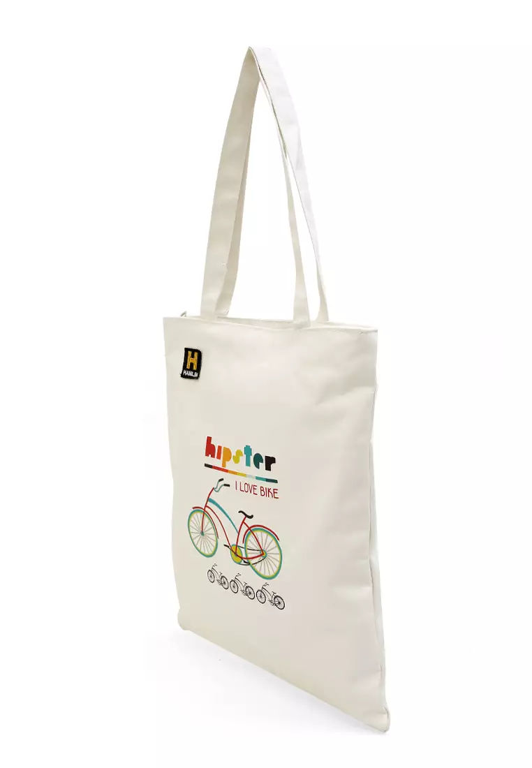 Millane Totebag Wanita Motives Love Bike Kasual Large Storage Material Canvas ORIGINAL - White